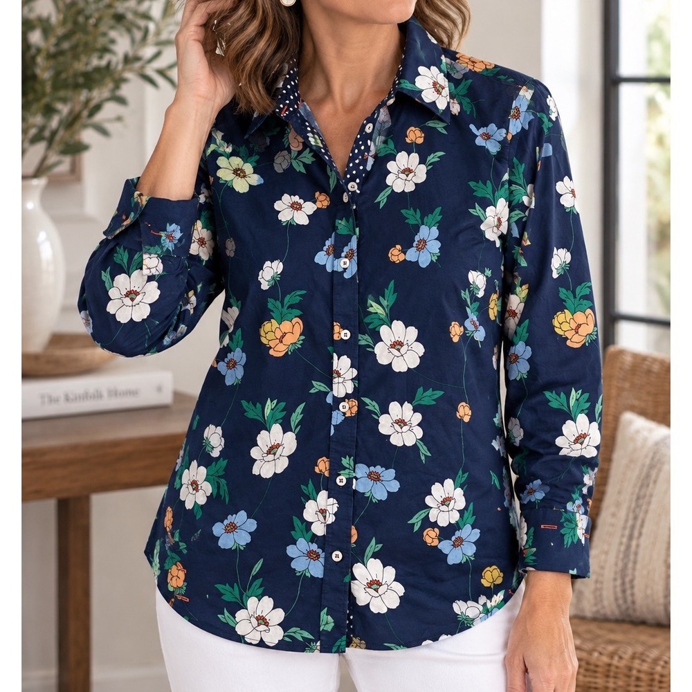 Talbots Womens Large Navy Blue Floral Cotton Button Down Shirt Polka Dot Trim